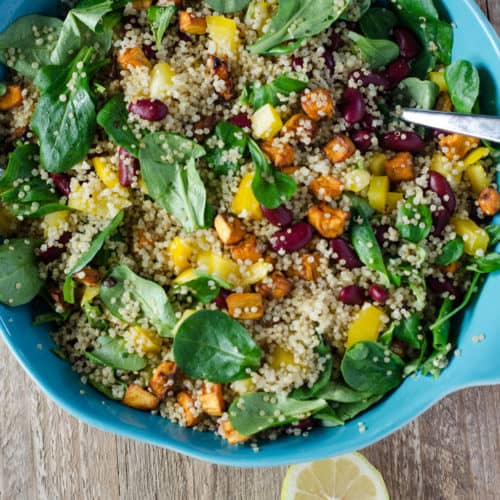 Quinoa-Salat mit Süßkartoffeln, Kidneybohnen, Paprika und Feldsalat. Ein wunderbarer, gesunder und kalorienarmer Sattmacher. Vegan. www.einepriselecker.de