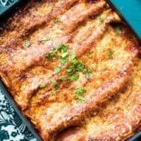 Enchiladas mit Hack, Tomatensauce und Käse in einer Auflaufform von oben fotografiert