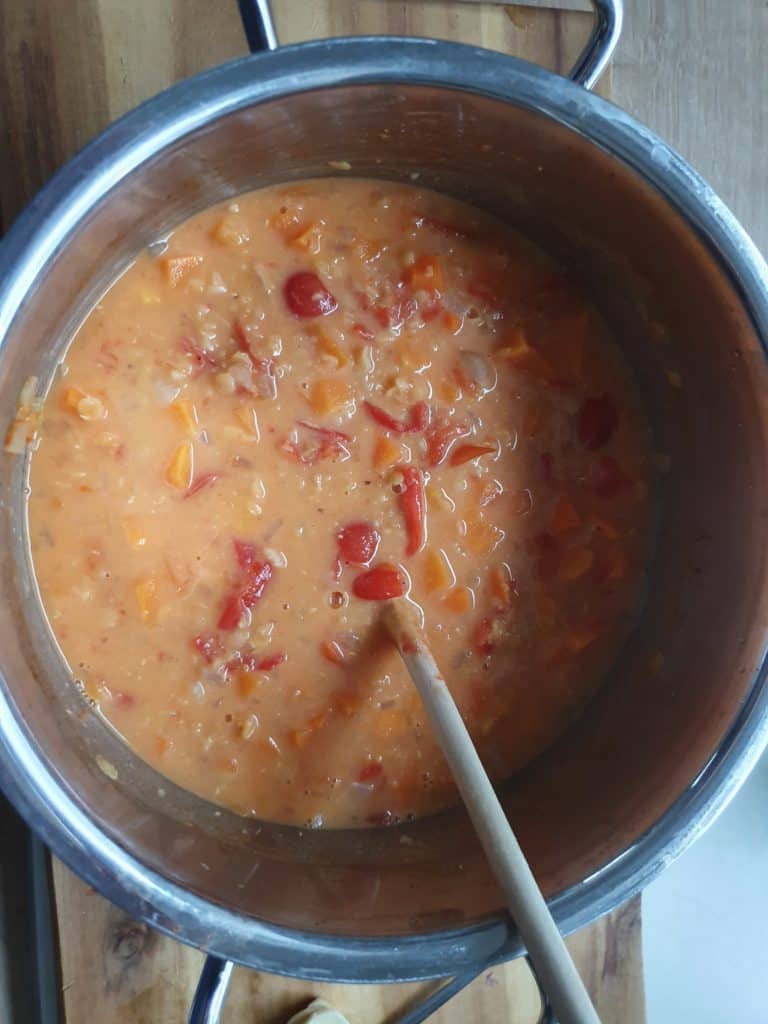 Rote Linsensuppe mit Kochlöffel in Edelstahltopf