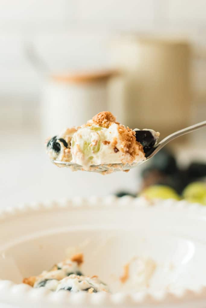 Ein Löffel mit Schichtdessert in Großaufnahme