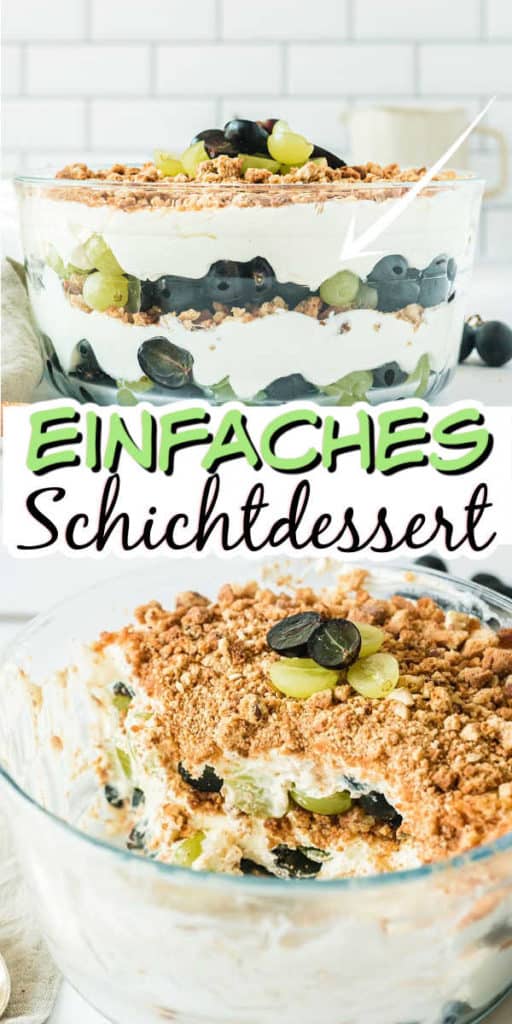 Collage von 2 Bildern des Weintrauben-Schichtdesserts mit Text in der Mitte