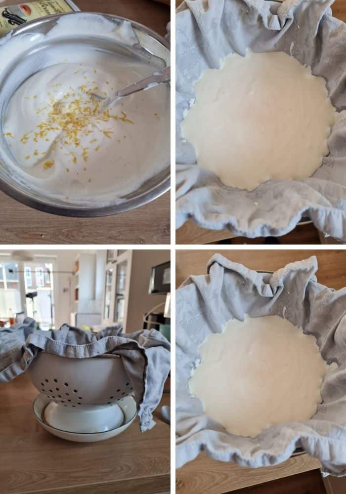 Vier Fotos der Zubereitungsschritte für die Joghurtbombe
