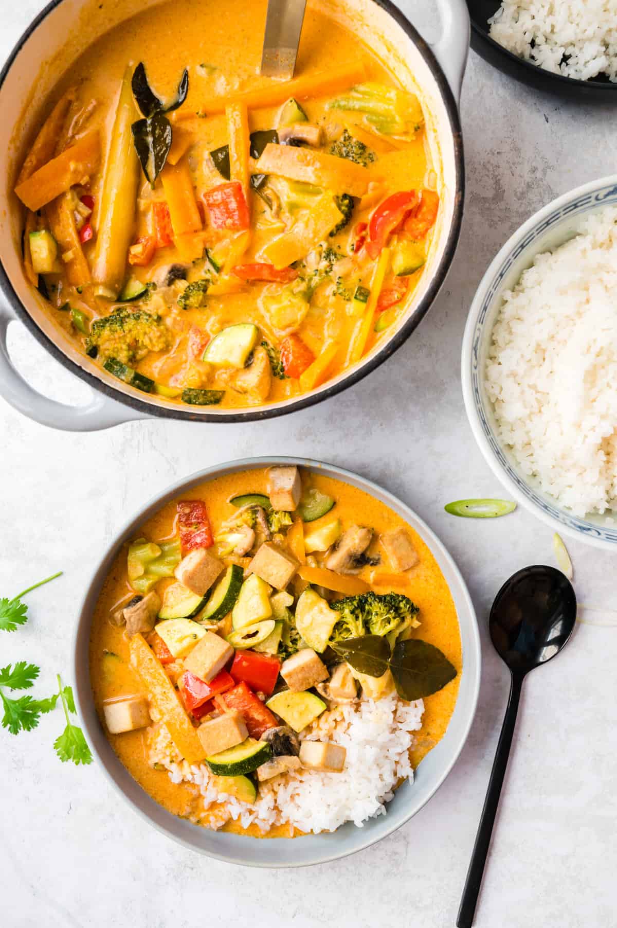 Topf mit Curry ind Teller mit Reis und Curry und Schüssel mit Reis von oben