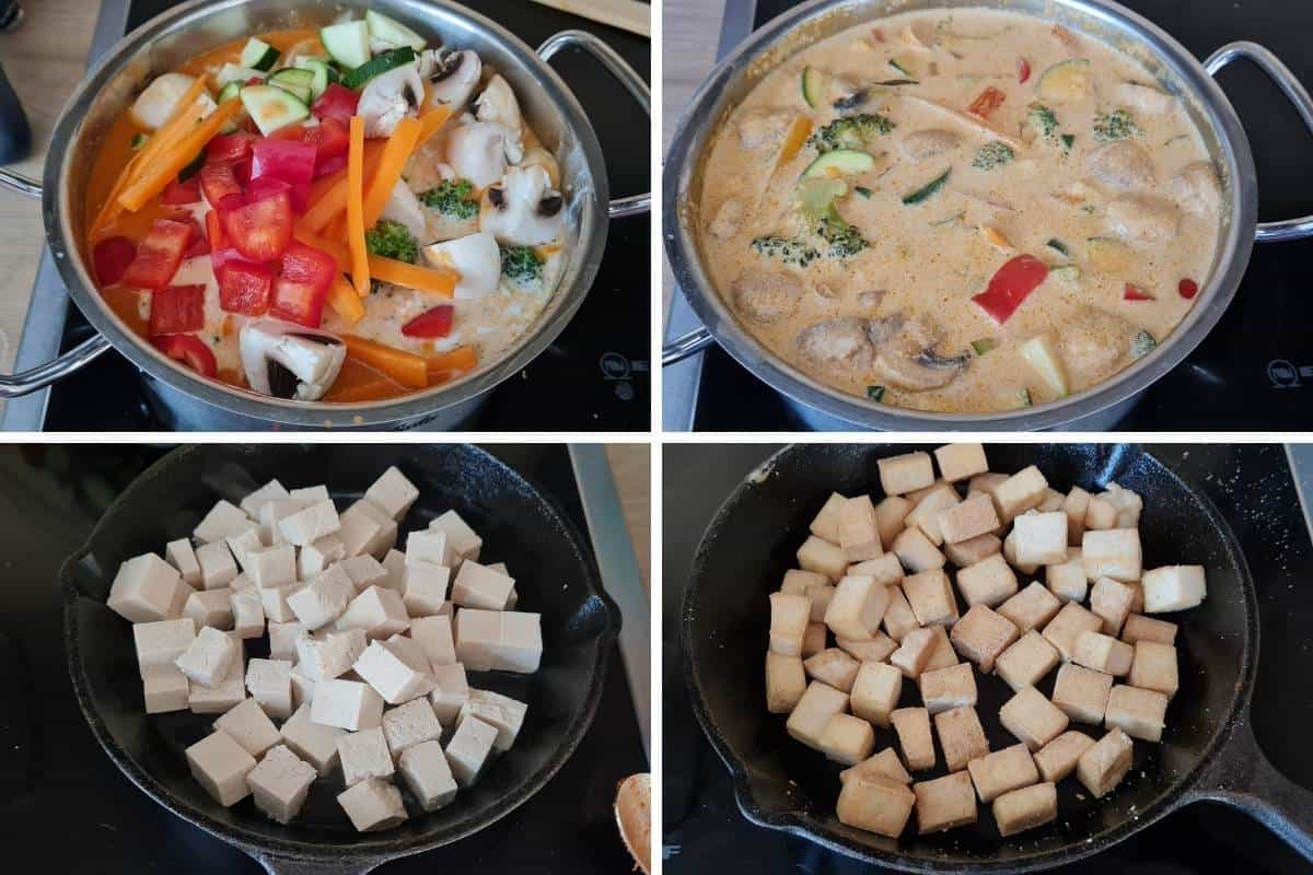 4 Bilder von Zubereitungsschritten für Thai Curry und gebratenen Tofu