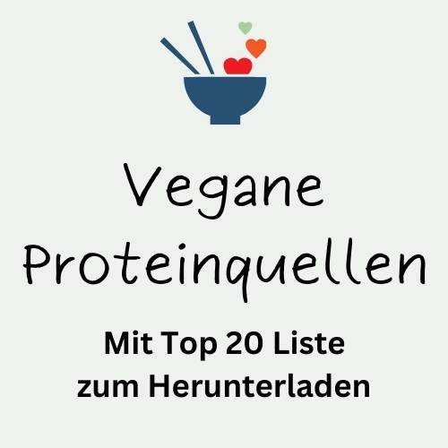 Grafik mit Text: Vegane Proteinquellen mit Top 20 Liste zum Herunterladen
