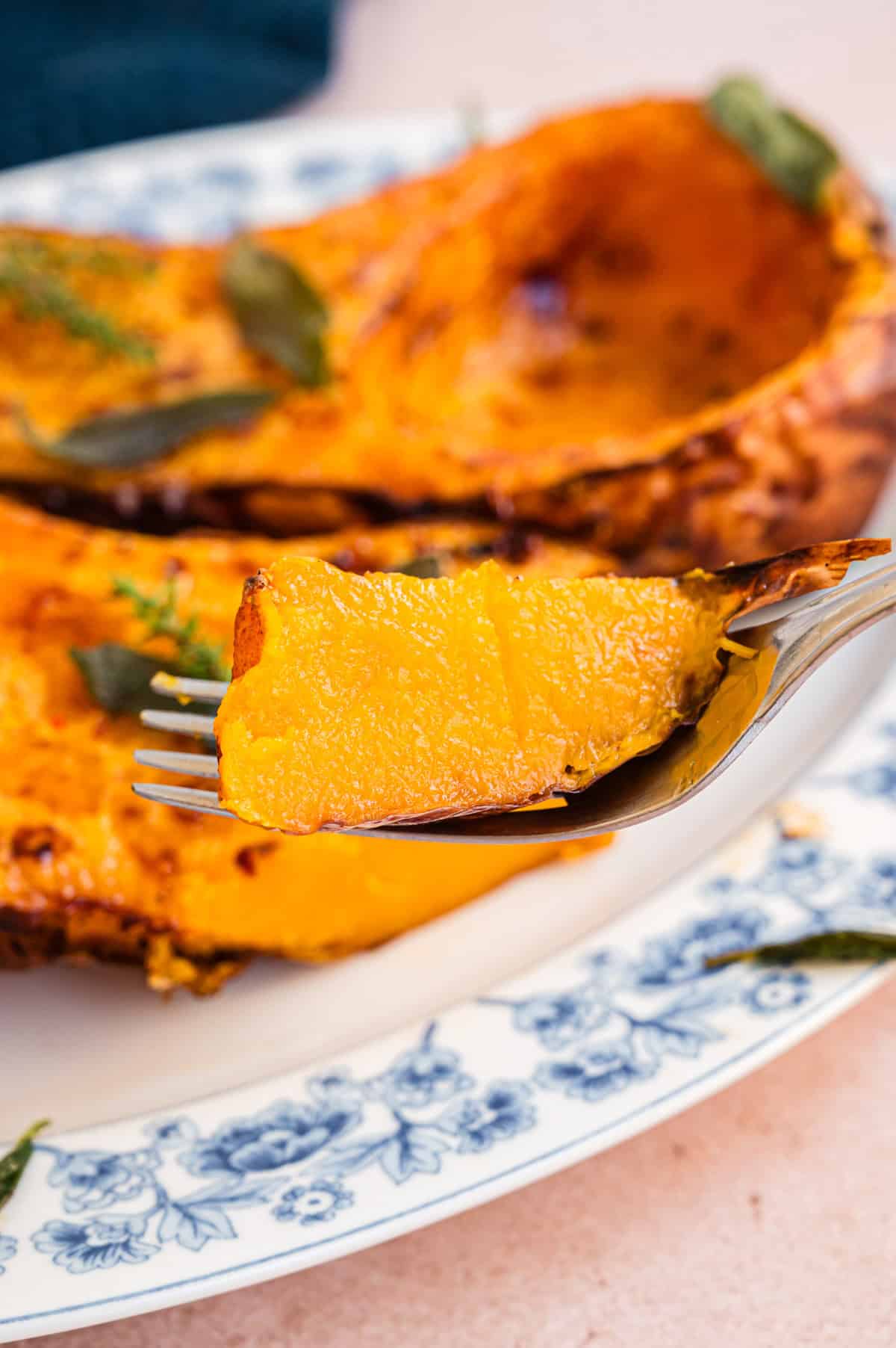 Ein Stück gebackener Butternut Kürbis auf Gabel in Nahaufnahme