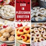 Collage von 5 Rezeptbildern von Plätzchen mit Text in der Mitte