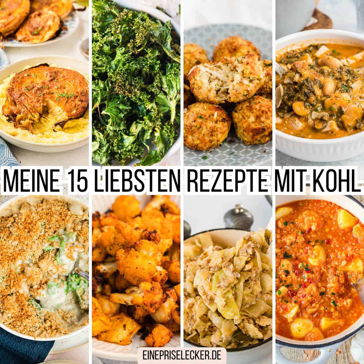 Collage mit 8 Rezeptbildern und Text in der Mitte