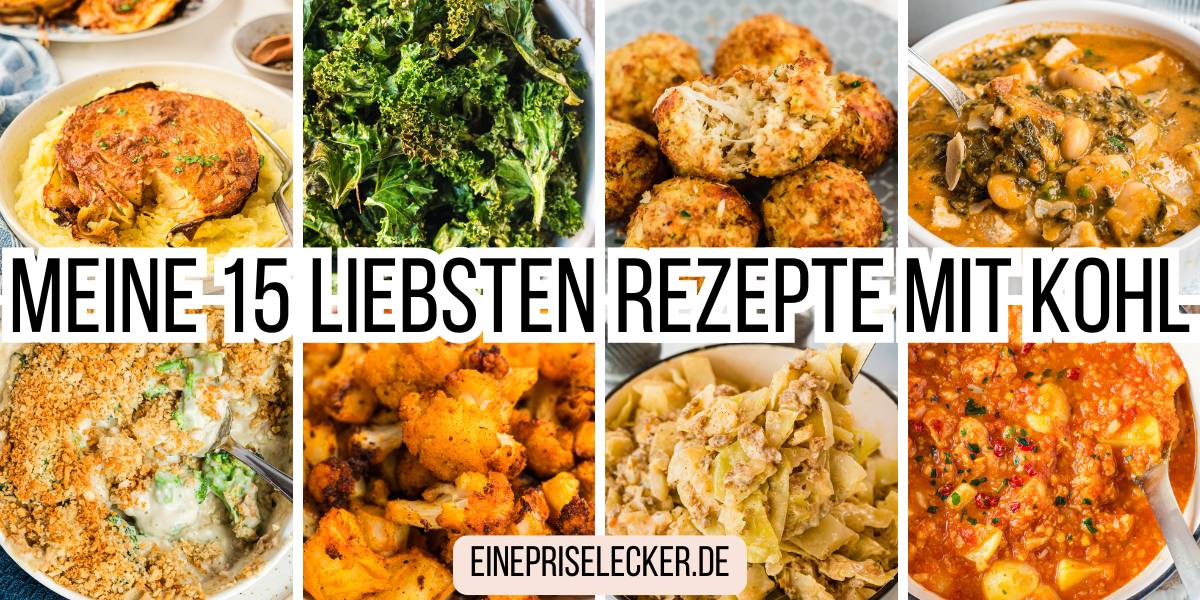 Collage mit 8 Rezeptbildern und Text in der Mitte